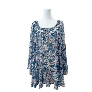 Women's 22/24W Sheer Pasiley Chiffon Blue Babydoll Flare Sleeve Plus Soft Blouse